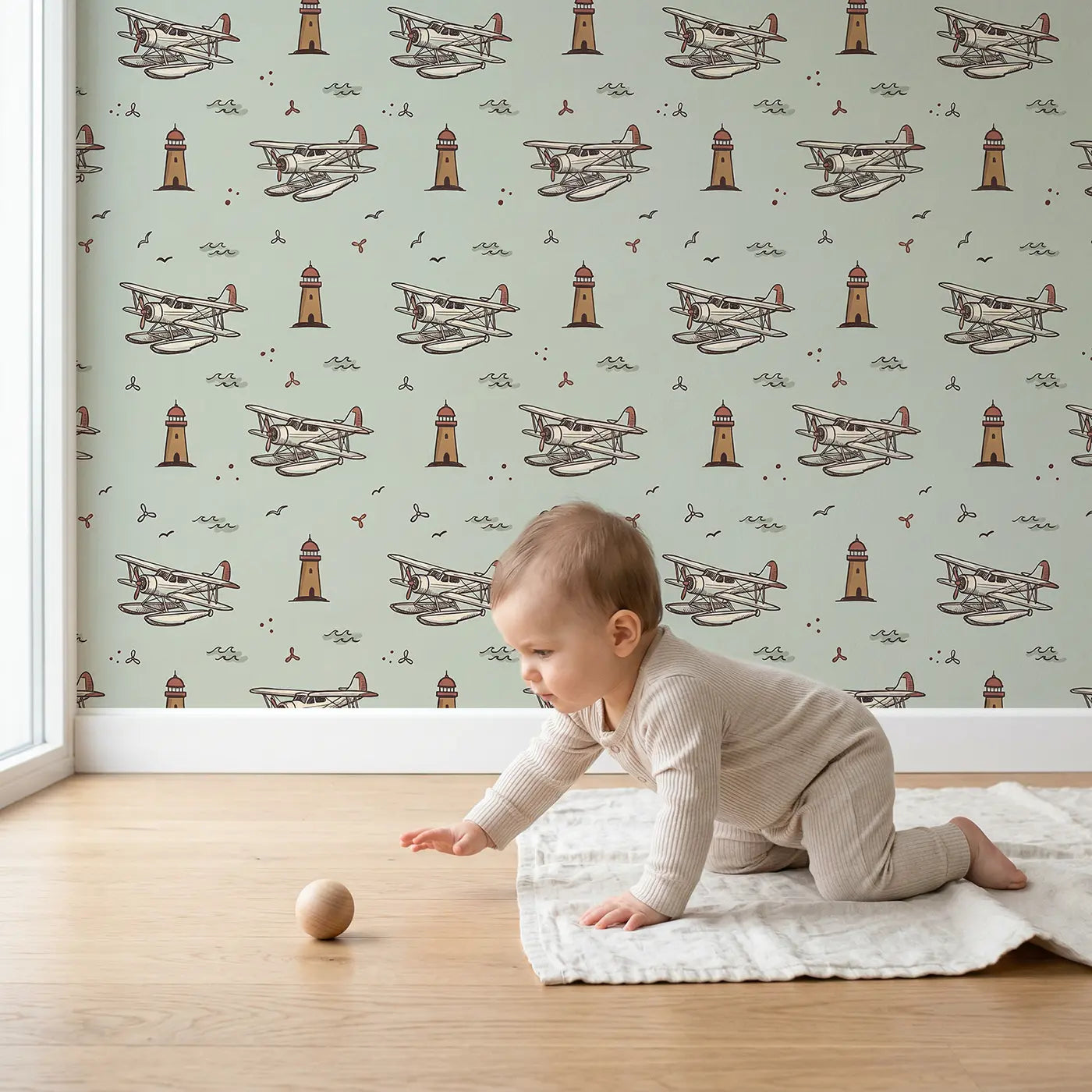 Old-Fashioned Seaplanes Hand-Drawn wallpaper in styled kids room - Whimsy Tots