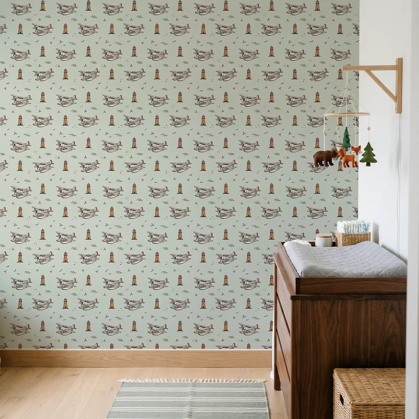 Old-Fashioned Seaplanes Hand-Drawn wallpaper in Scandinavian nursery - Whimsy Tots