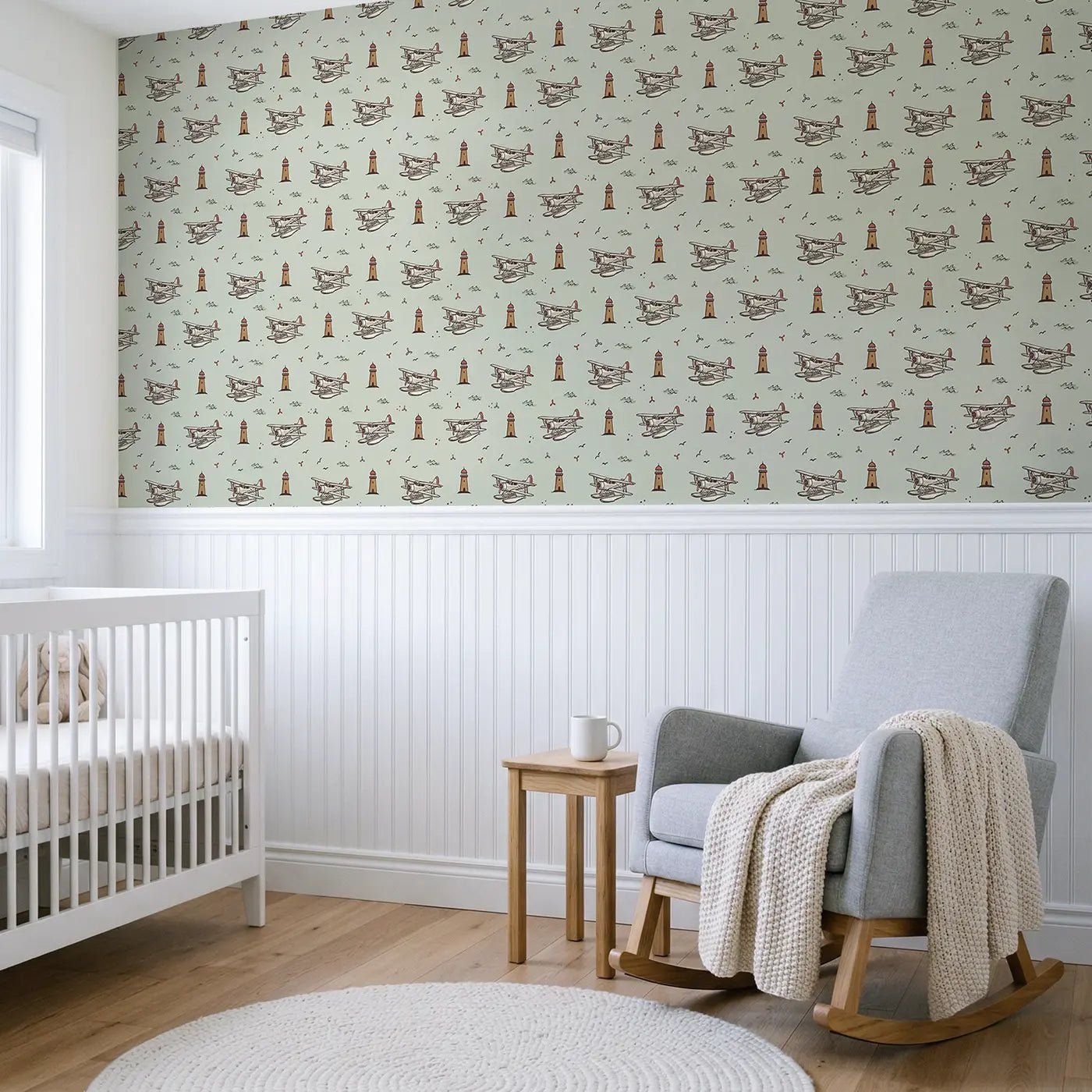Old-Fashioned Seaplanes Hand-Drawn wallpaper above wainscoting - Whimsy Tots