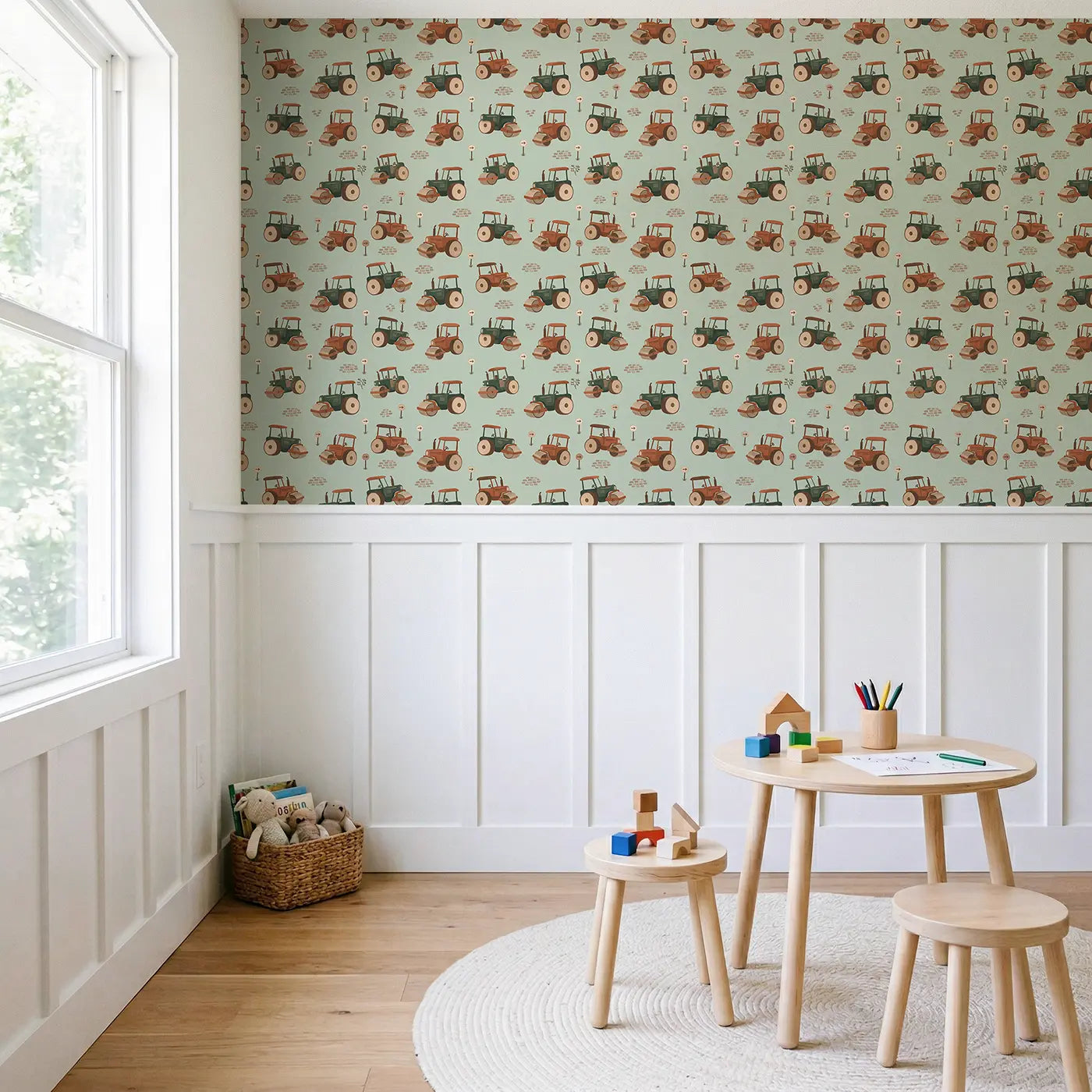 Old-Fashioned Steam Modern Illustration wallpaper above wainscoting - Whimsy Tots