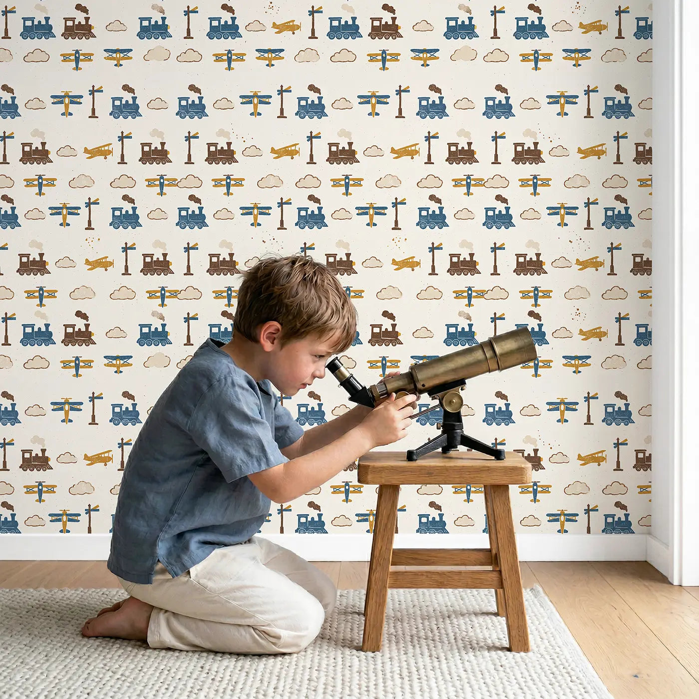 Mix Steam Block Print wallpaper in styled kids room - Whimsy Tots