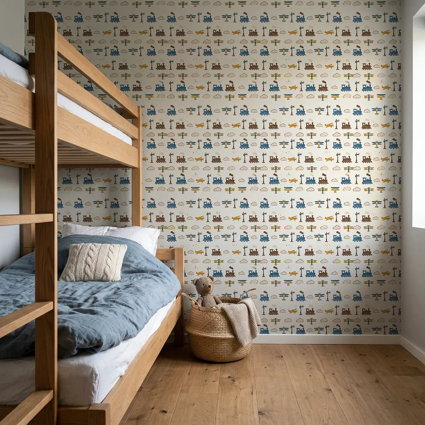 Mix Steam Block Print wallpaper in Scandinavian nursery - Whimsy Tots