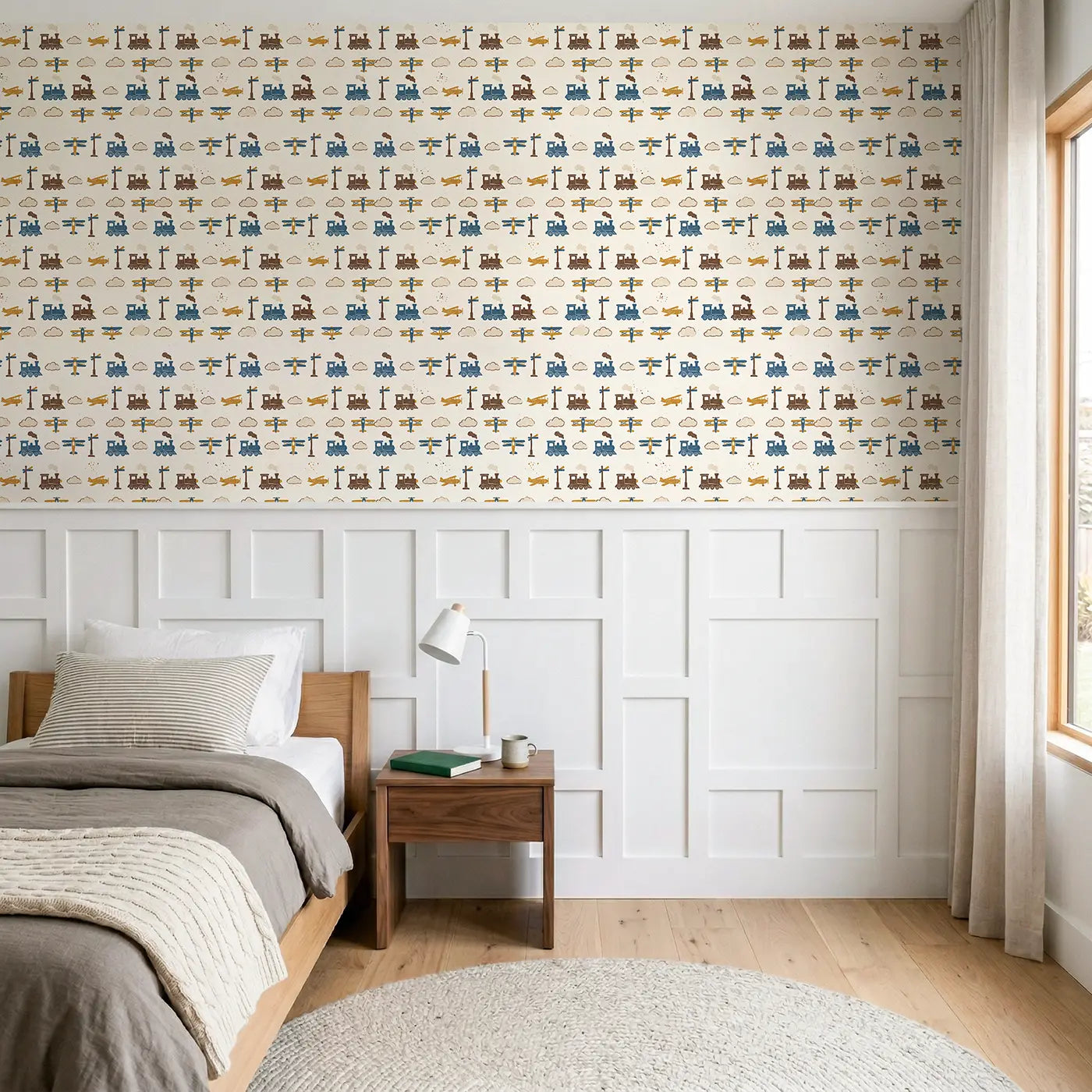 Mix Steam Block Print wallpaper above wainscoting - Whimsy Tots