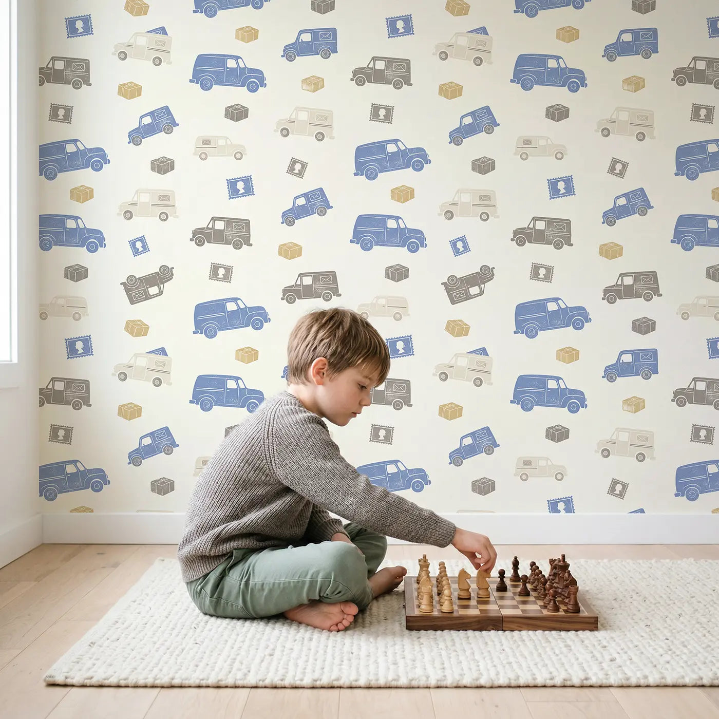 Retro Delivery Block Print wallpaper in styled kids room - Whimsy Tots
