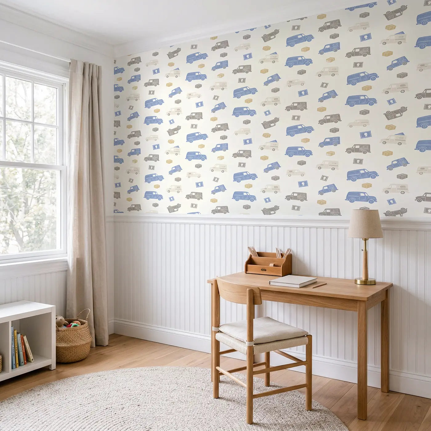 Retro Delivery Block Print wallpaper above wainscoting - Whimsy Tots