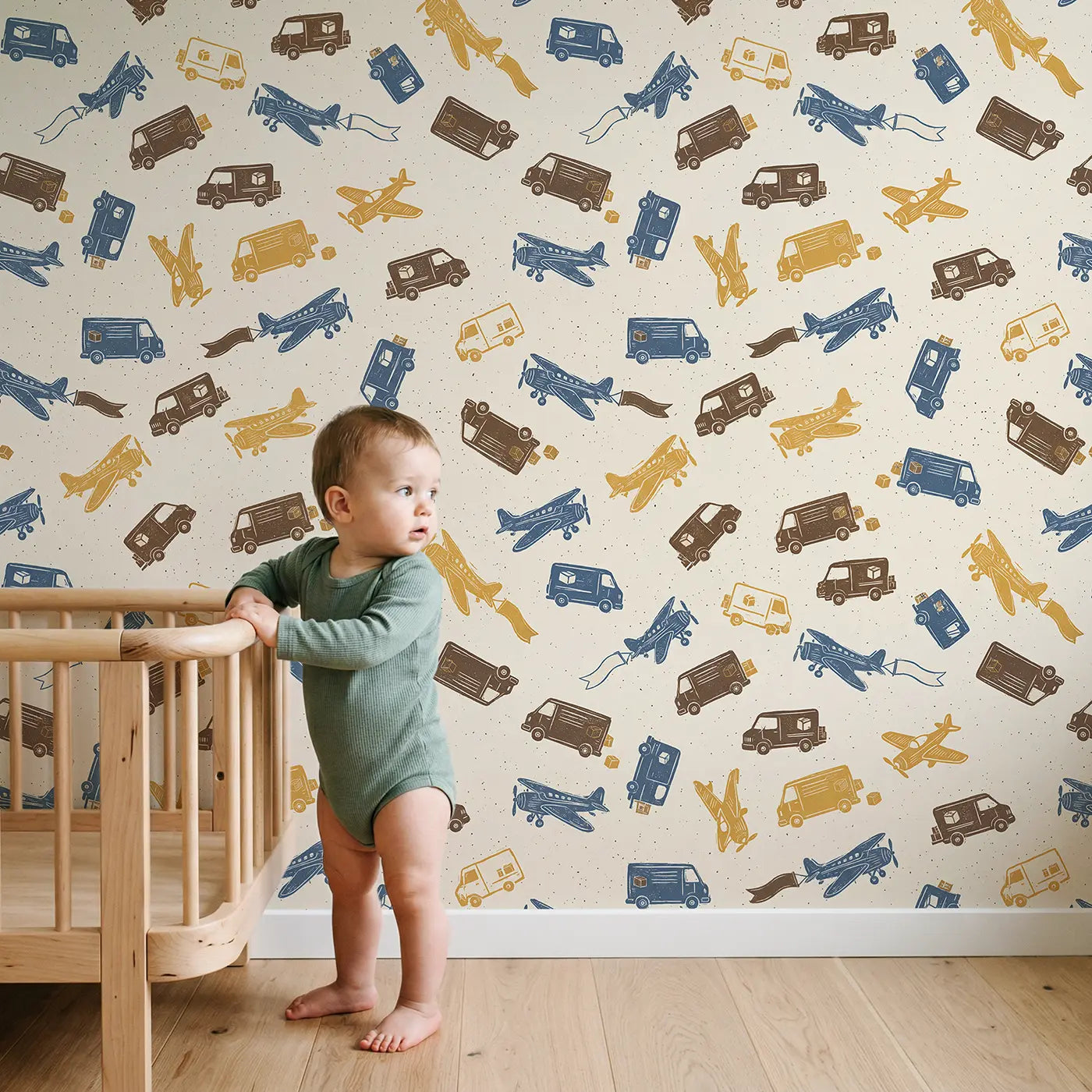 Retro Planes Block Print wallpaper in styled kids room - Whimsy Tots