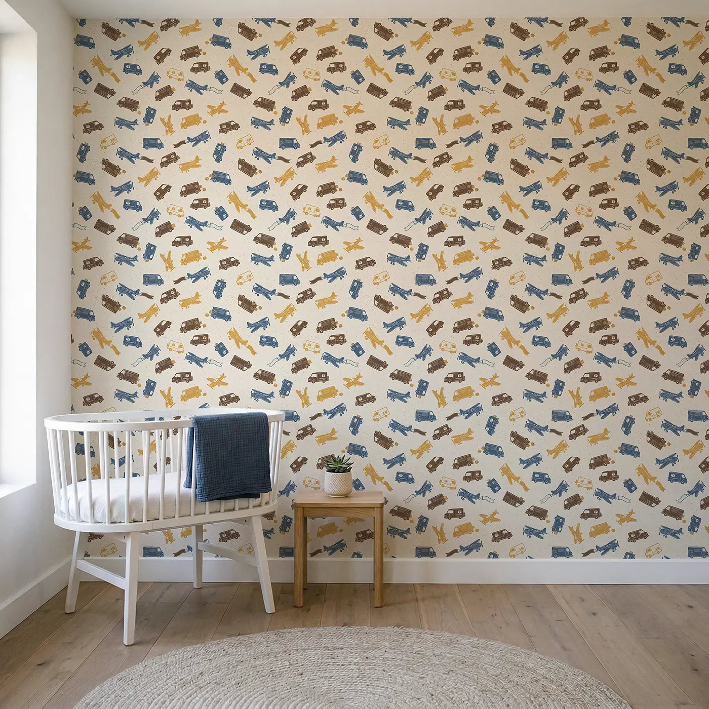 Retro Planes Block Print wallpaper in Scandinavian nursery - Whimsy Tots