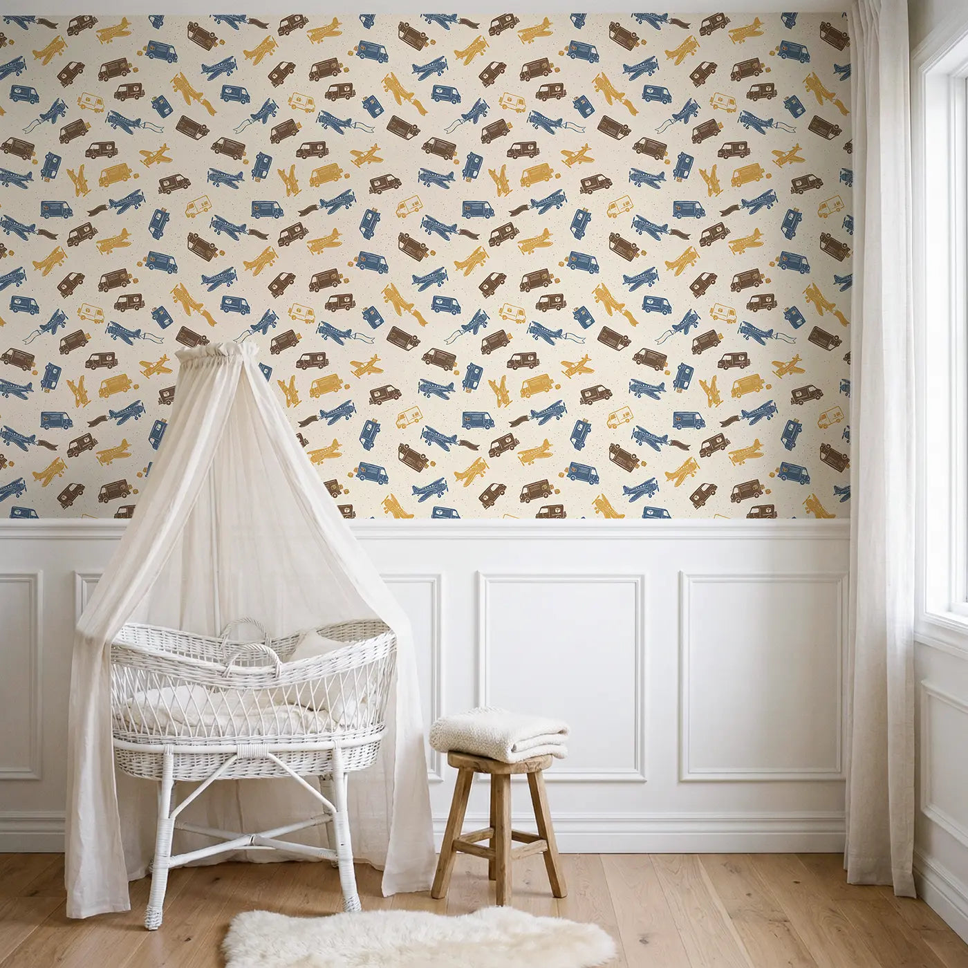 Retro Planes Block Print wallpaper above wainscoting - Whimsy Tots