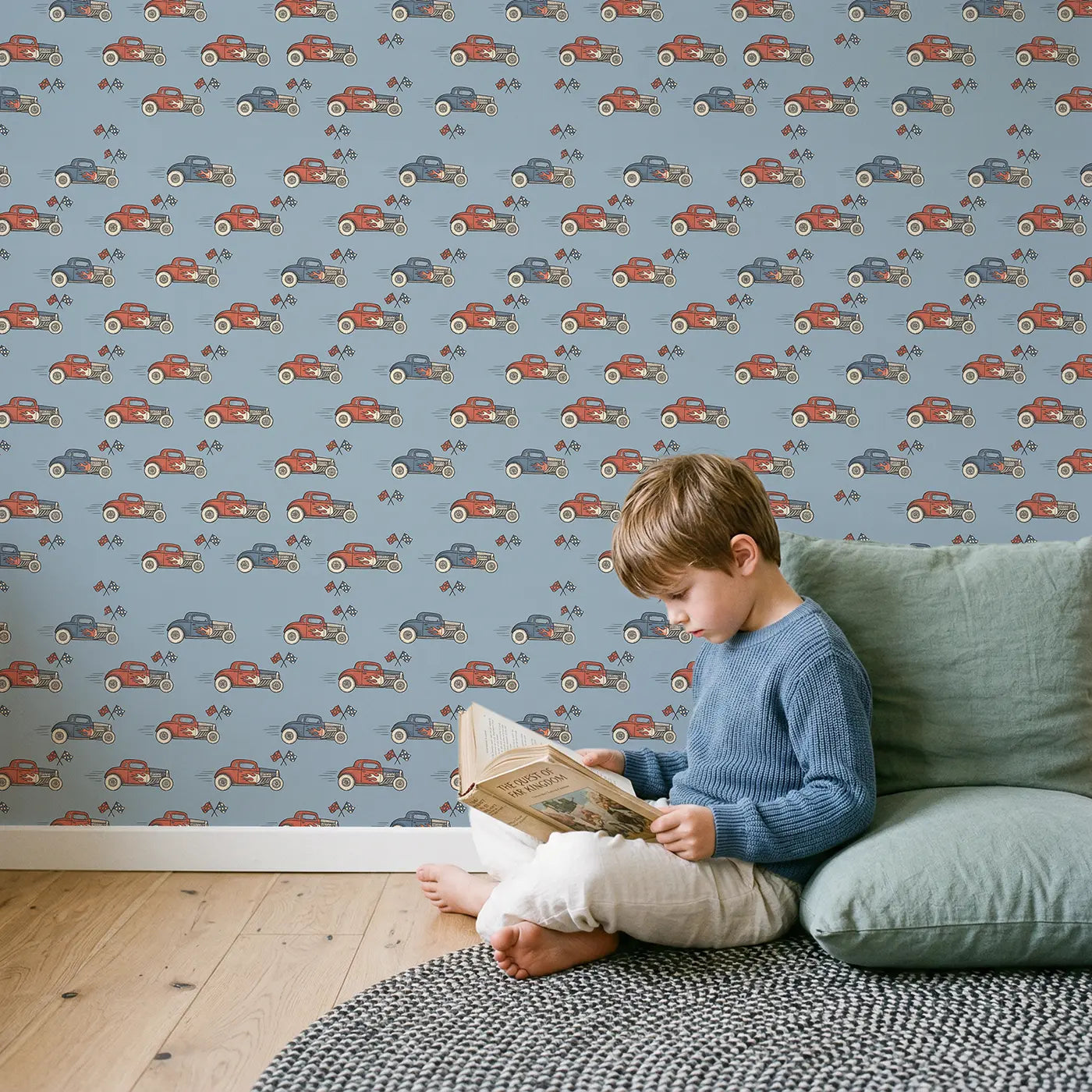 Hot Rod Hand-Drawn wallpaper in styled kids room - Whimsy Tots