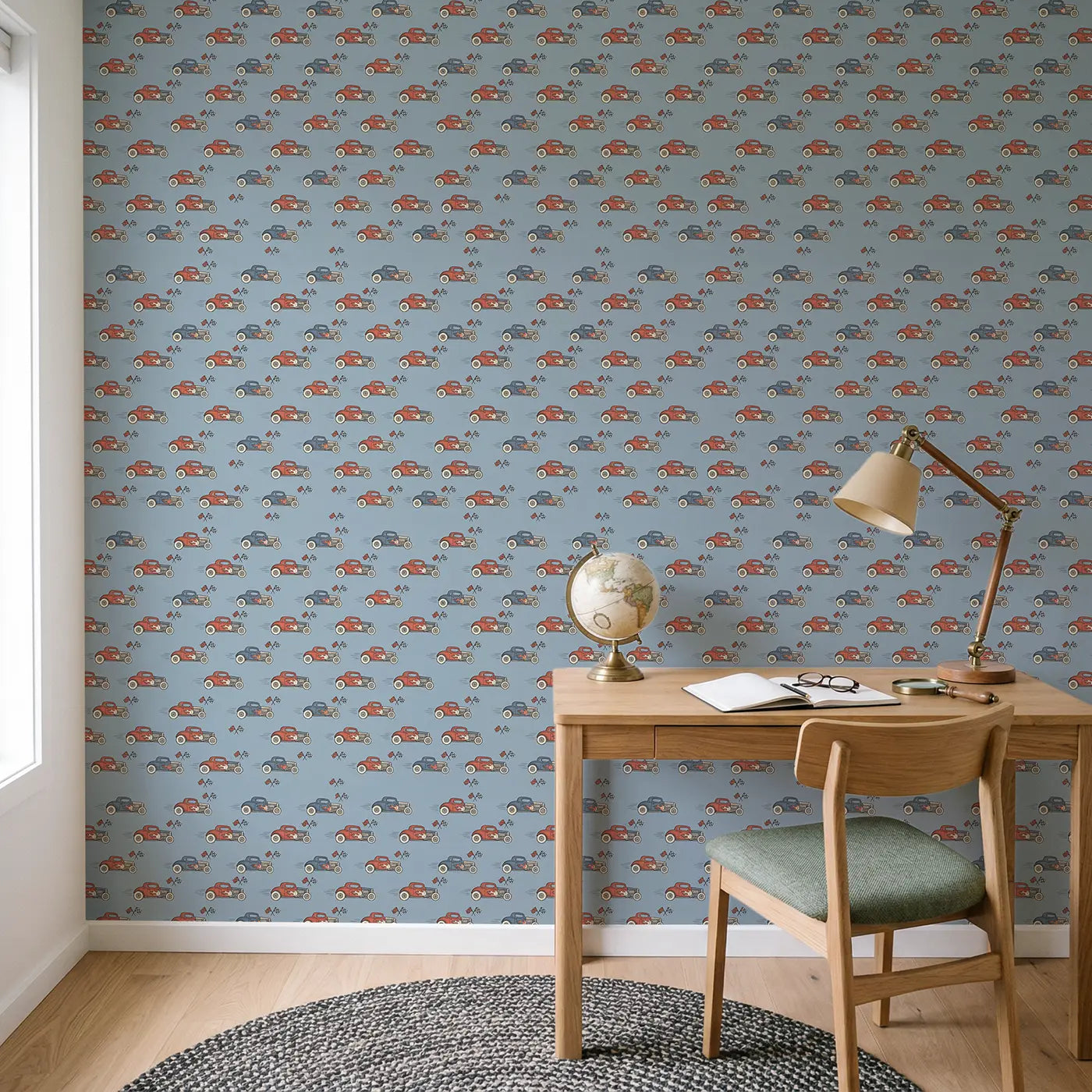 Hot Rod Hand-Drawn wallpaper in Scandinavian nursery - Whimsy Tots