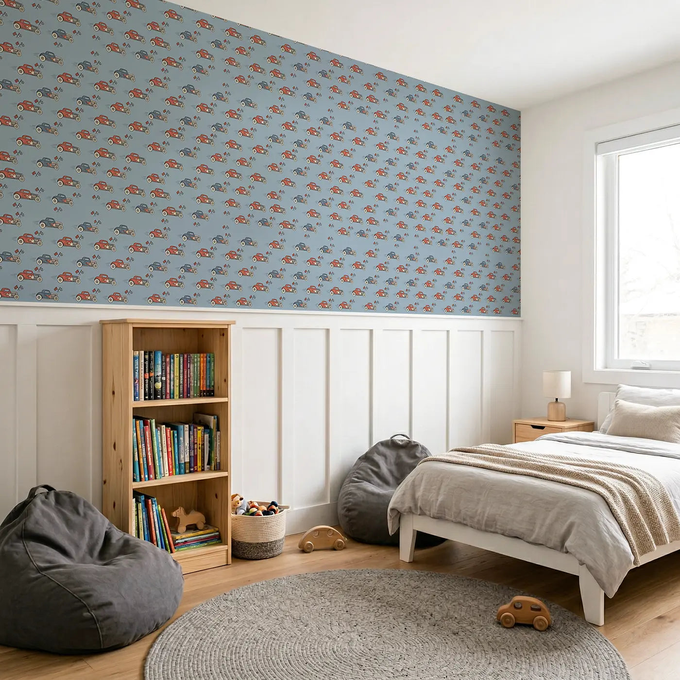 Hot Rod Hand-Drawn wallpaper above wainscoting - Whimsy Tots