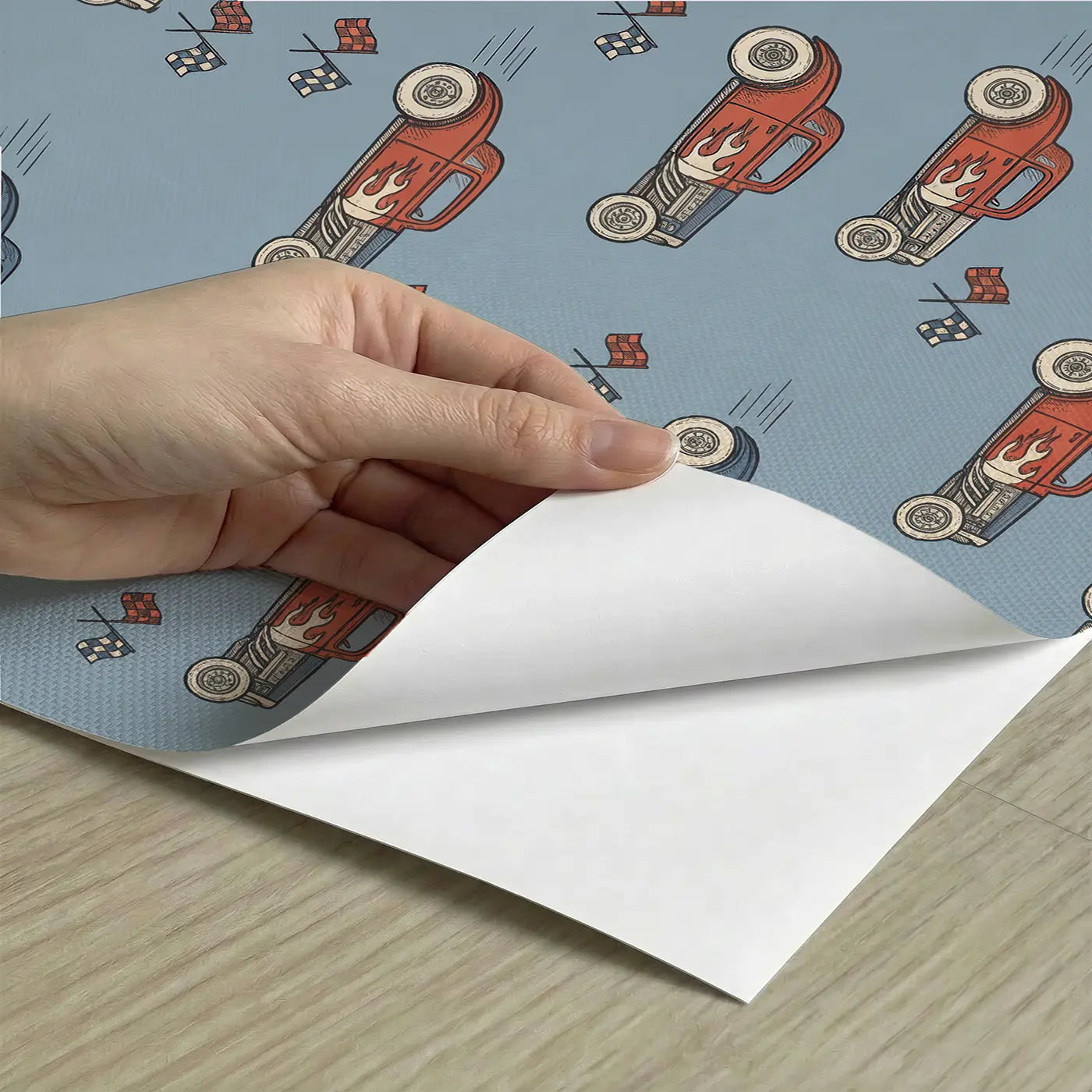 Hot Rod Hand-Drawn peel and stick material close-up - Whimsy Tots