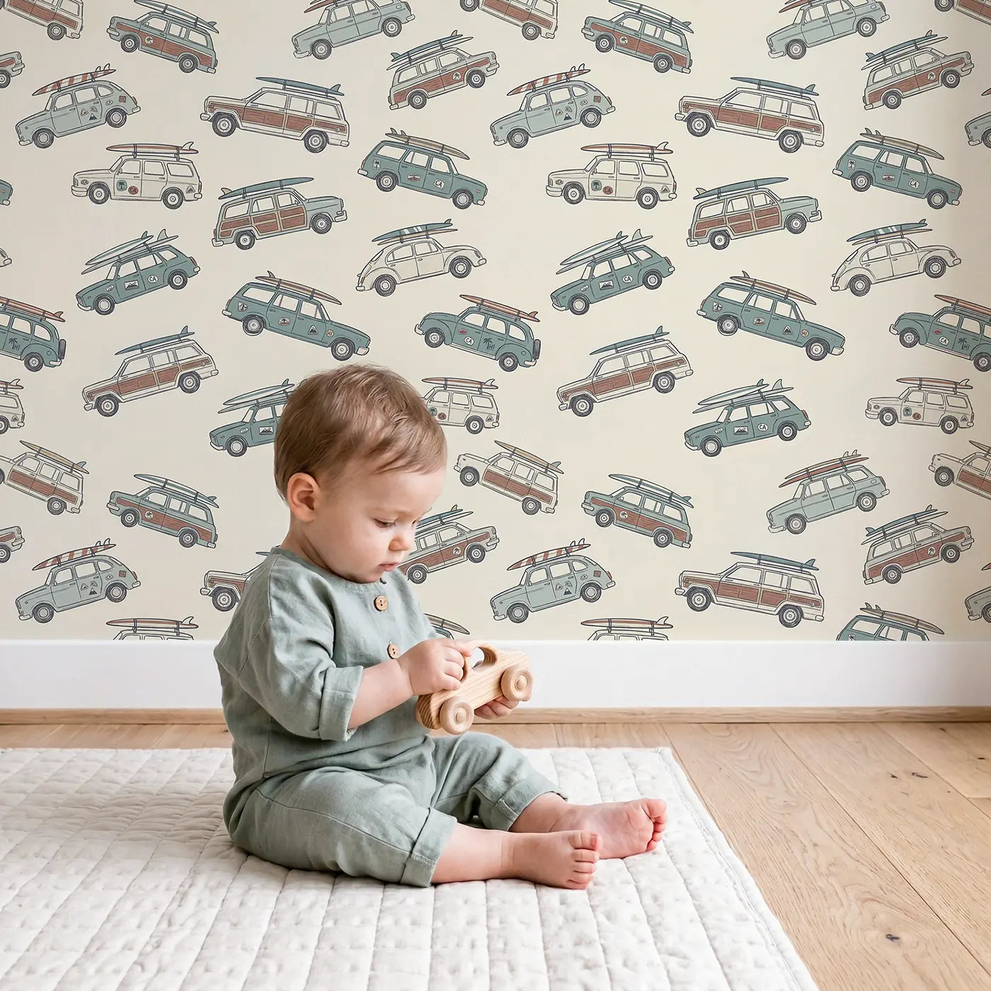Retro Station Hand-Drawn wallpaper in styled kids room - Whimsy Tots