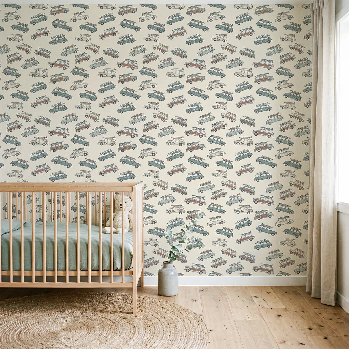 Retro Station Hand-Drawn wallpaper in Scandinavian nursery - Whimsy Tots