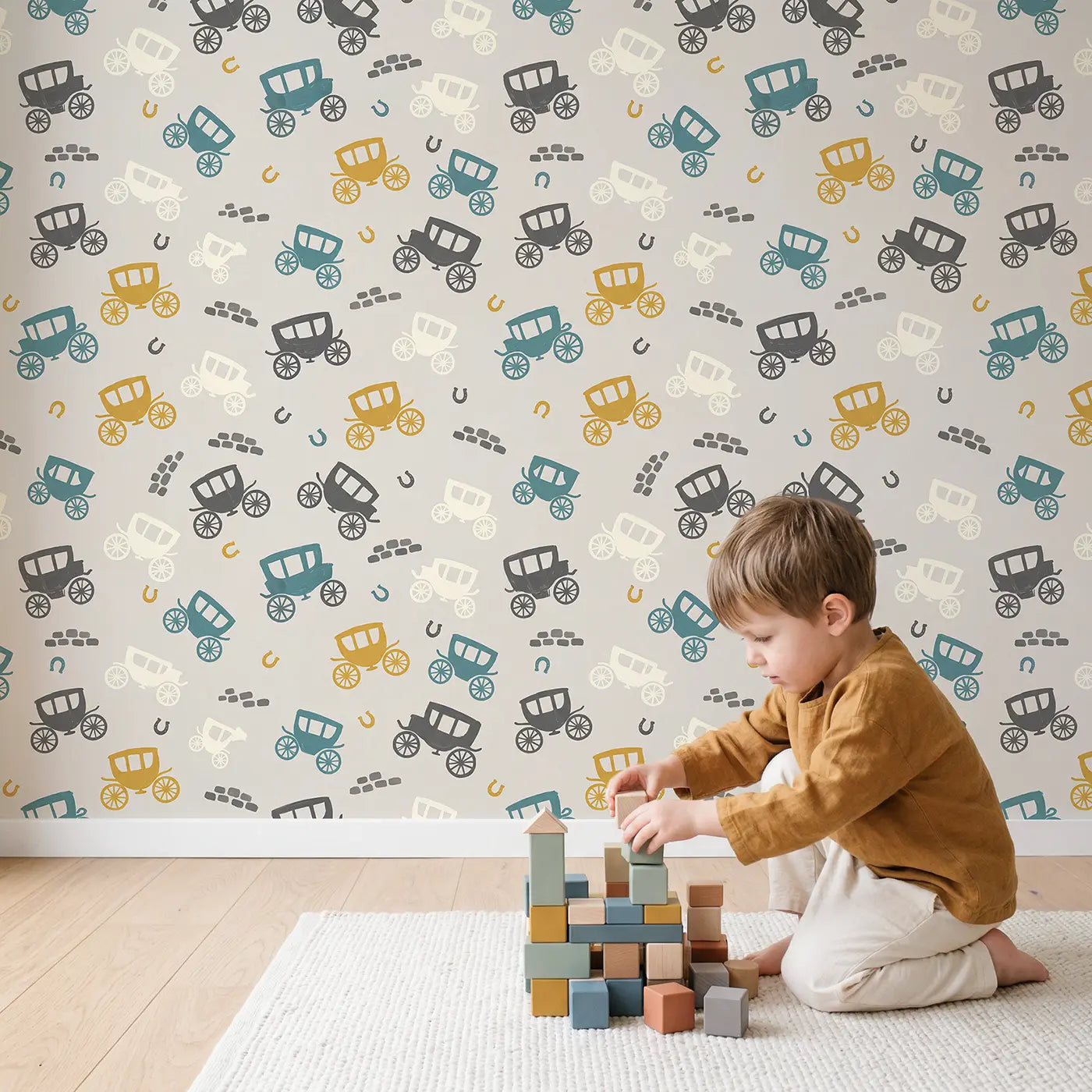 Classic Horse-Drawn Modern Illustration wallpaper in styled kids room - Whimsy Tots
