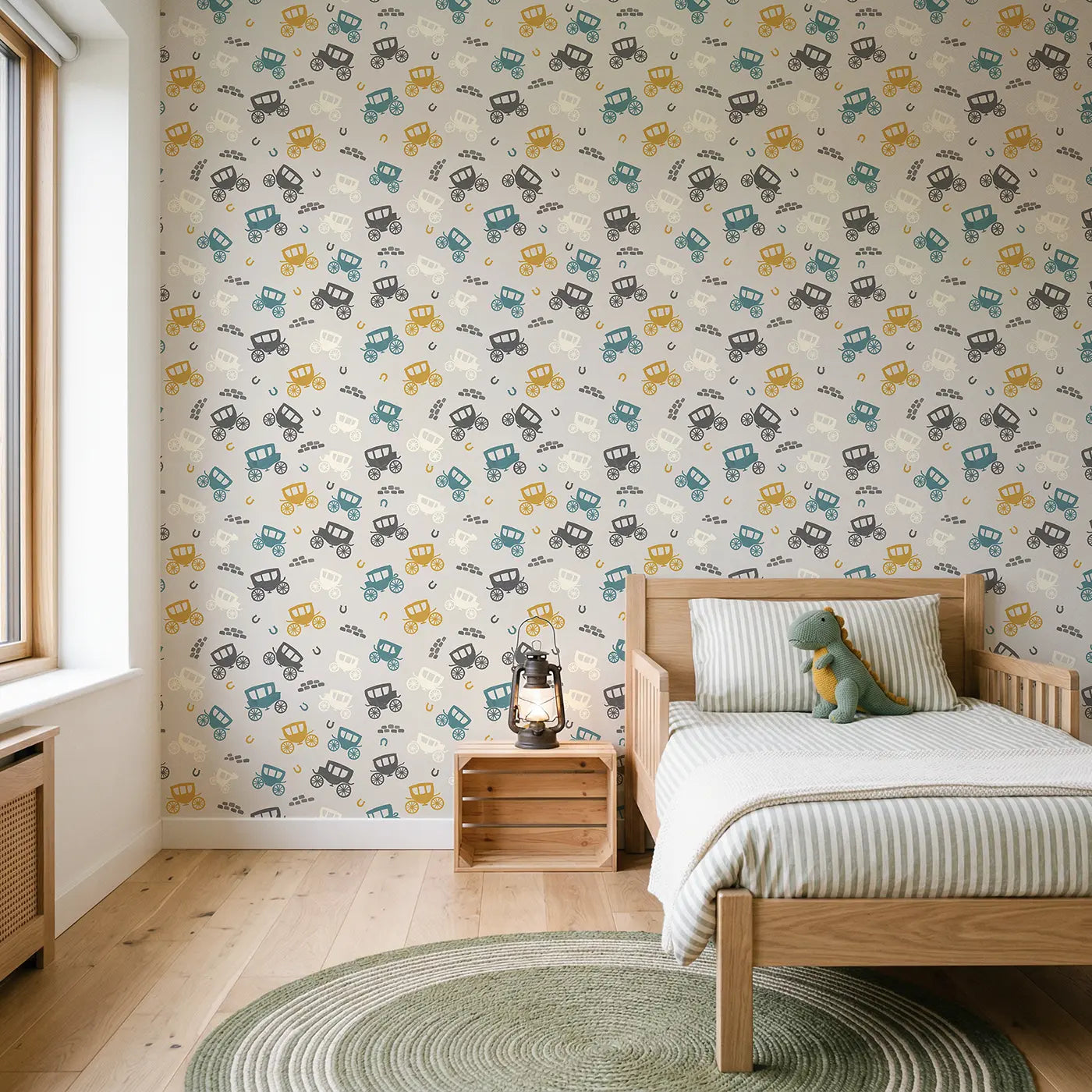 Classic Horse-Drawn Modern Illustration wallpaper in Scandinavian nursery - Whimsy Tots