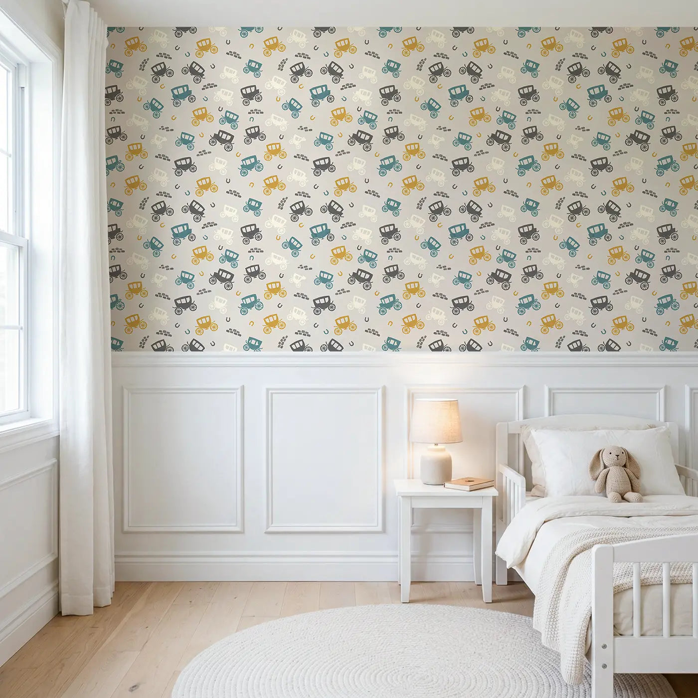 Classic Horse-Drawn Modern Illustration wallpaper above wainscoting - Whimsy Tots