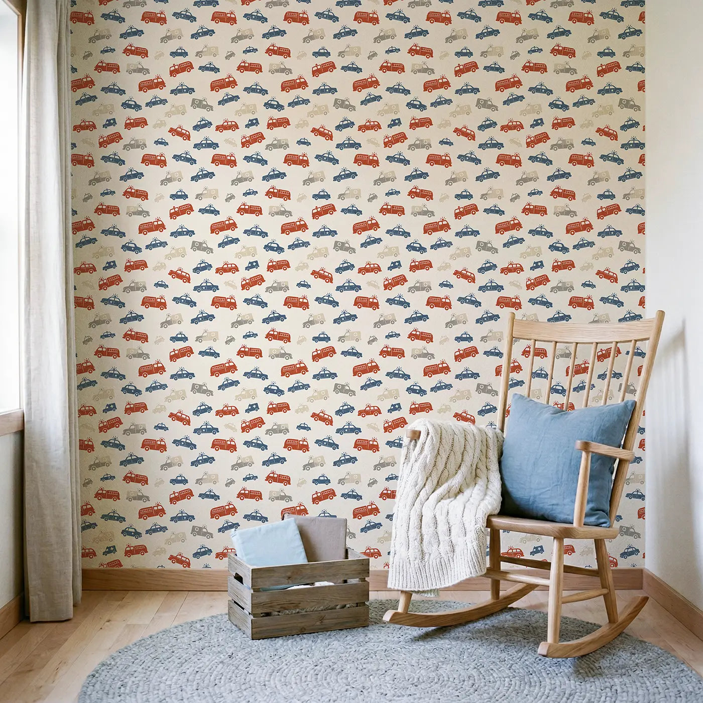 Old-Fashioned Emergency Block Print wallpaper in Scandinavian nursery - Whimsy Tots