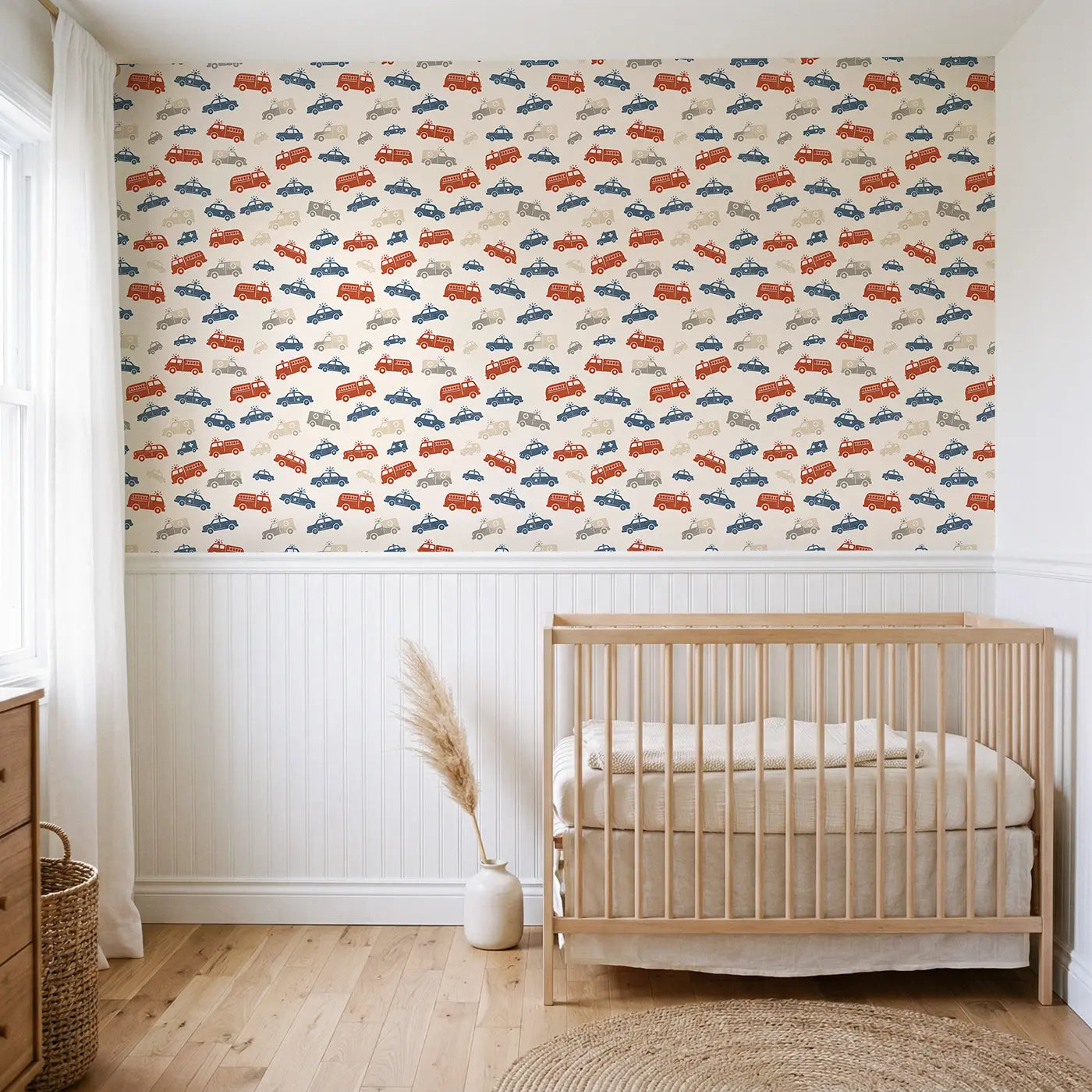 Old-Fashioned Emergency Block Print wallpaper above wainscoting - Whimsy Tots