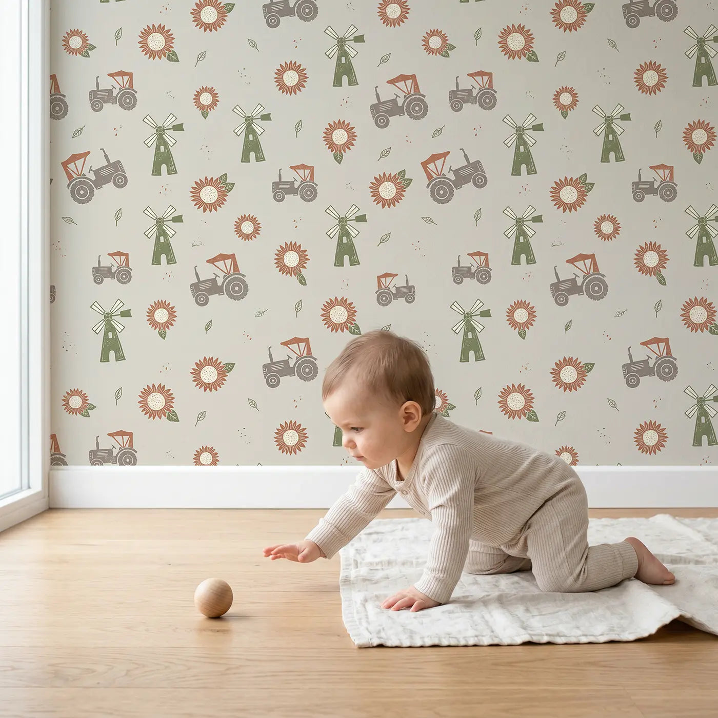 Old-Fashioned Tractors Block Print wallpaper in styled kids room - Whimsy Tots