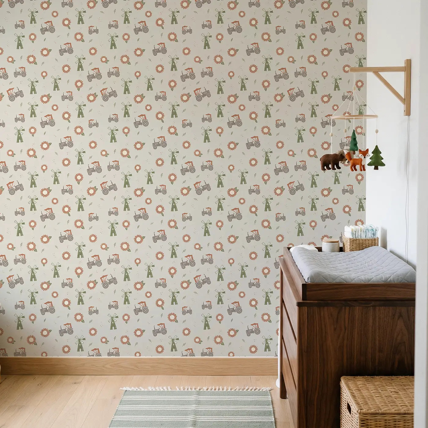 Old-Fashioned Tractors Block Print wallpaper in Scandinavian nursery - Whimsy Tots