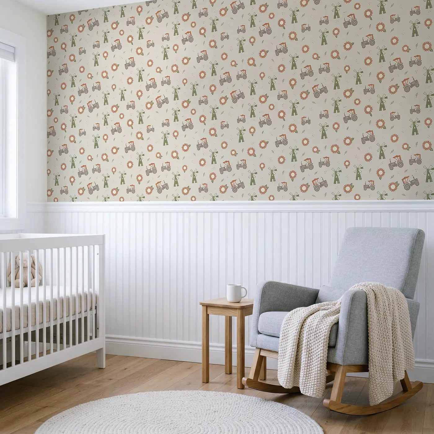 Old-Fashioned Tractors Block Print wallpaper above wainscoting - Whimsy Tots