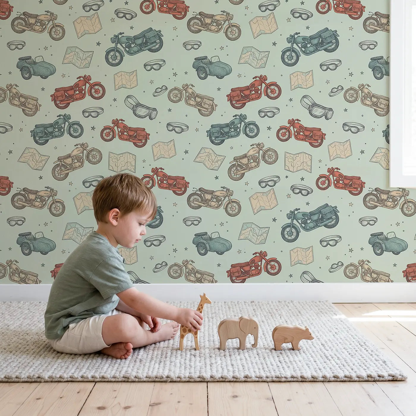 Classic Motorbikes Hand-Drawn wallpaper in styled kids room - Whimsy Tots
