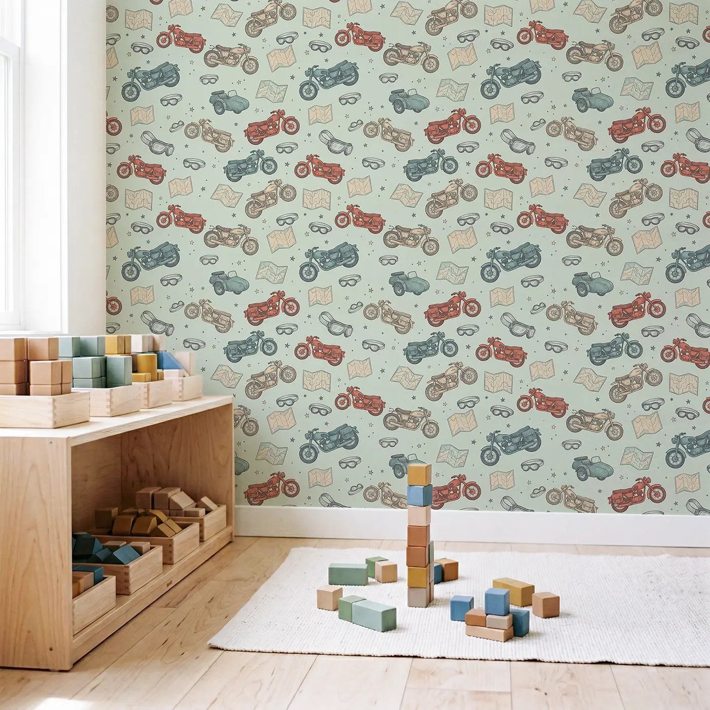 Classic Motorbikes Hand-Drawn wallpaper in Scandinavian nursery - Whimsy Tots
