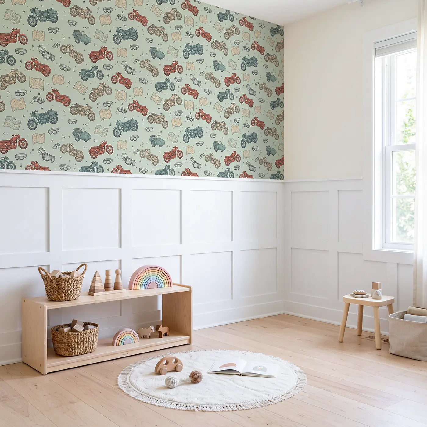 Classic Motorbikes Hand-Drawn wallpaper above wainscoting - Whimsy Tots