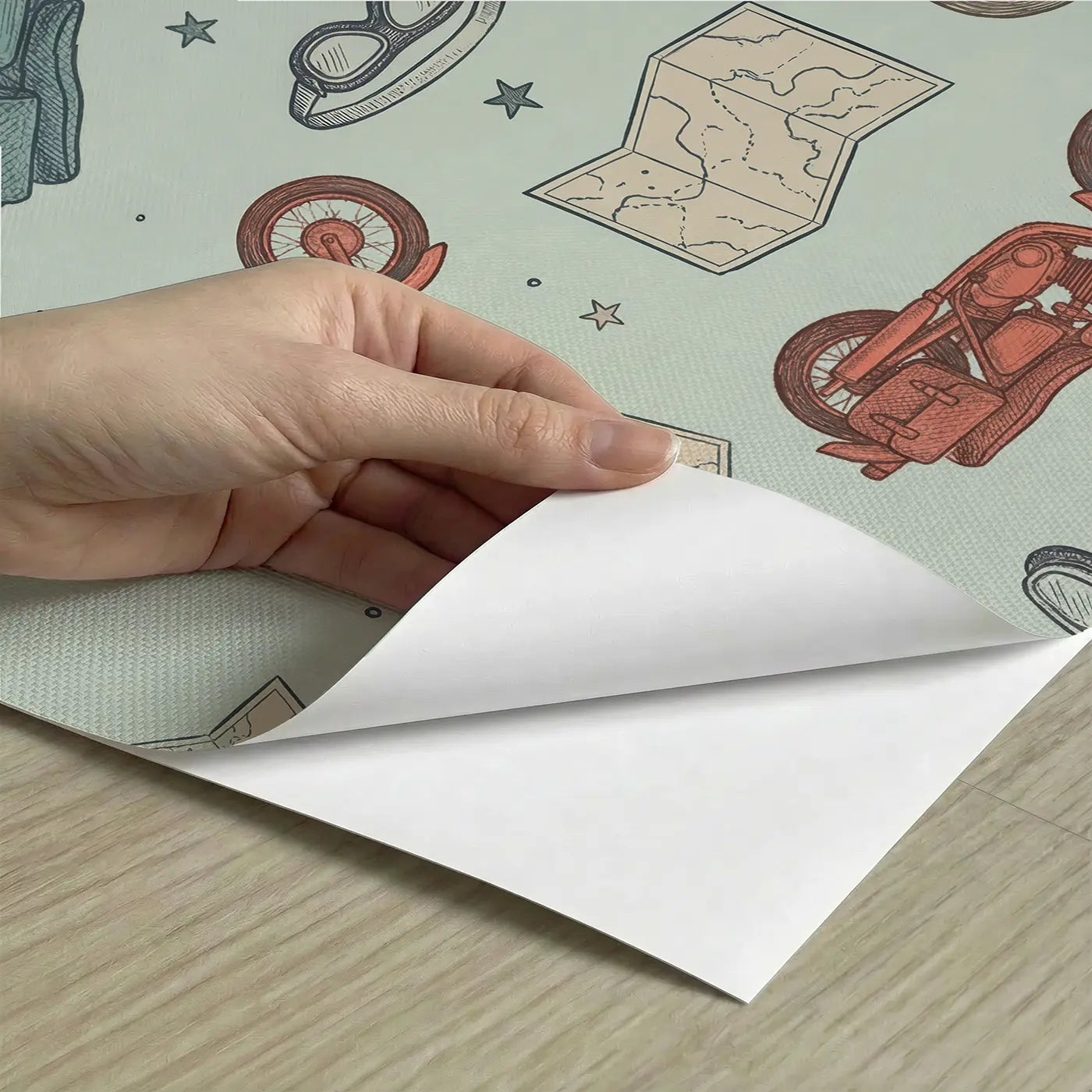 Classic Motorbikes Hand-Drawn peel and stick material close-up - Whimsy Tots