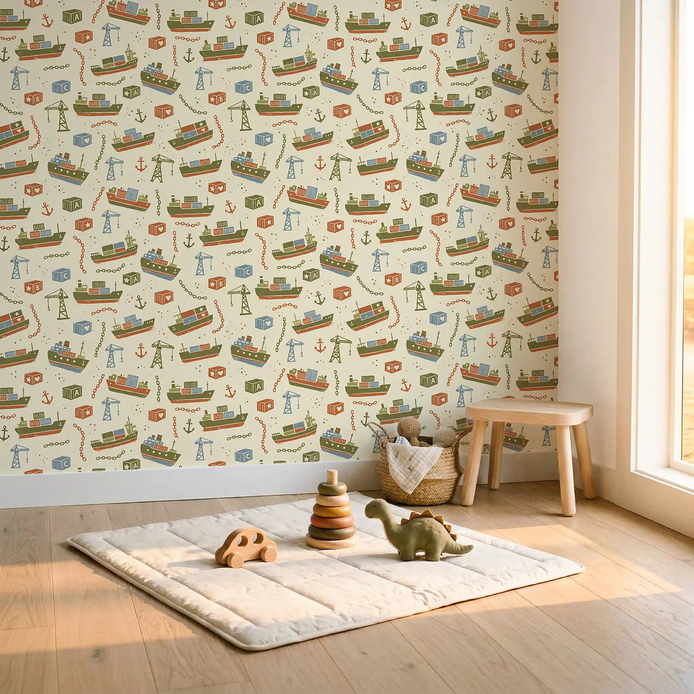 Vintage Cargo Block Print wallpaper in Scandinavian nursery - Whimsy Tots