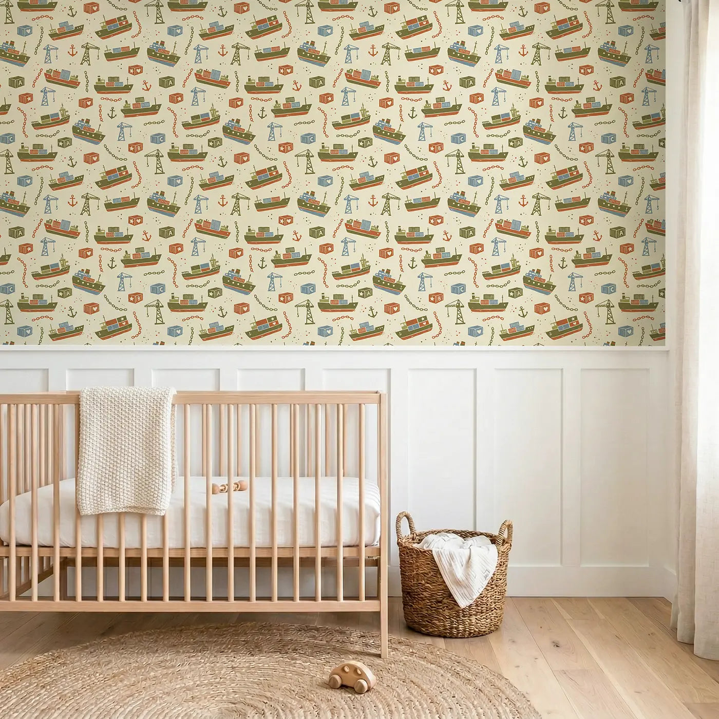 Vintage Cargo Block Print wallpaper above wainscoting - Whimsy Tots
