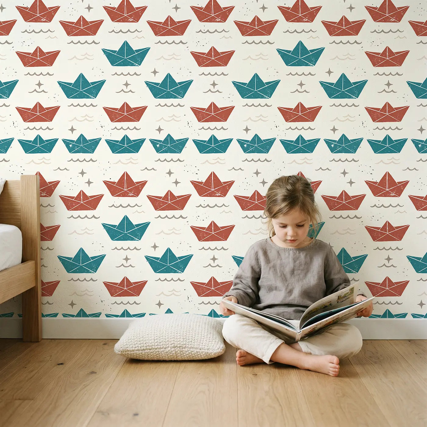 Paper Boats Block Print wallpaper in styled kids room - Whimsy Tots