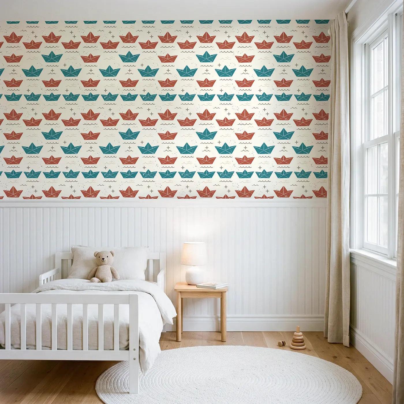 Paper Boats Block Print wallpaper above wainscoting - Whimsy Tots