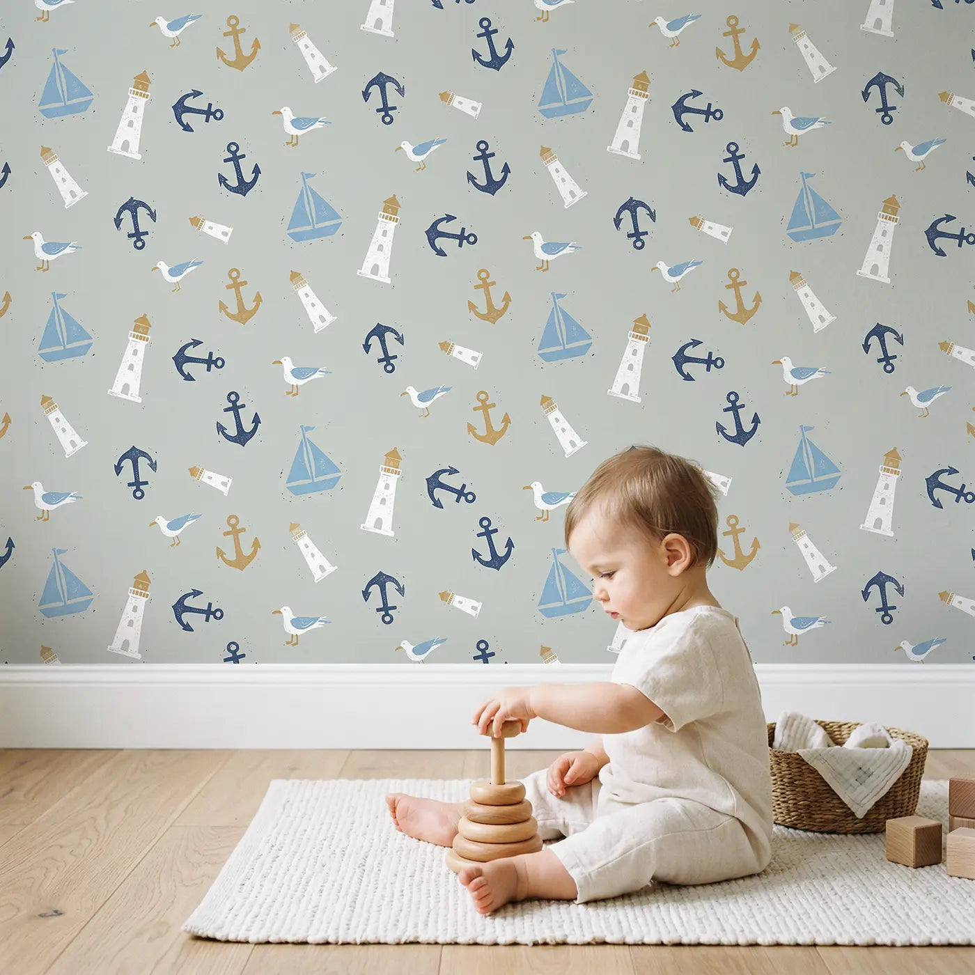 Sailboats Lighthouses Block Print wallpaper in styled kids room - Whimsy Tots