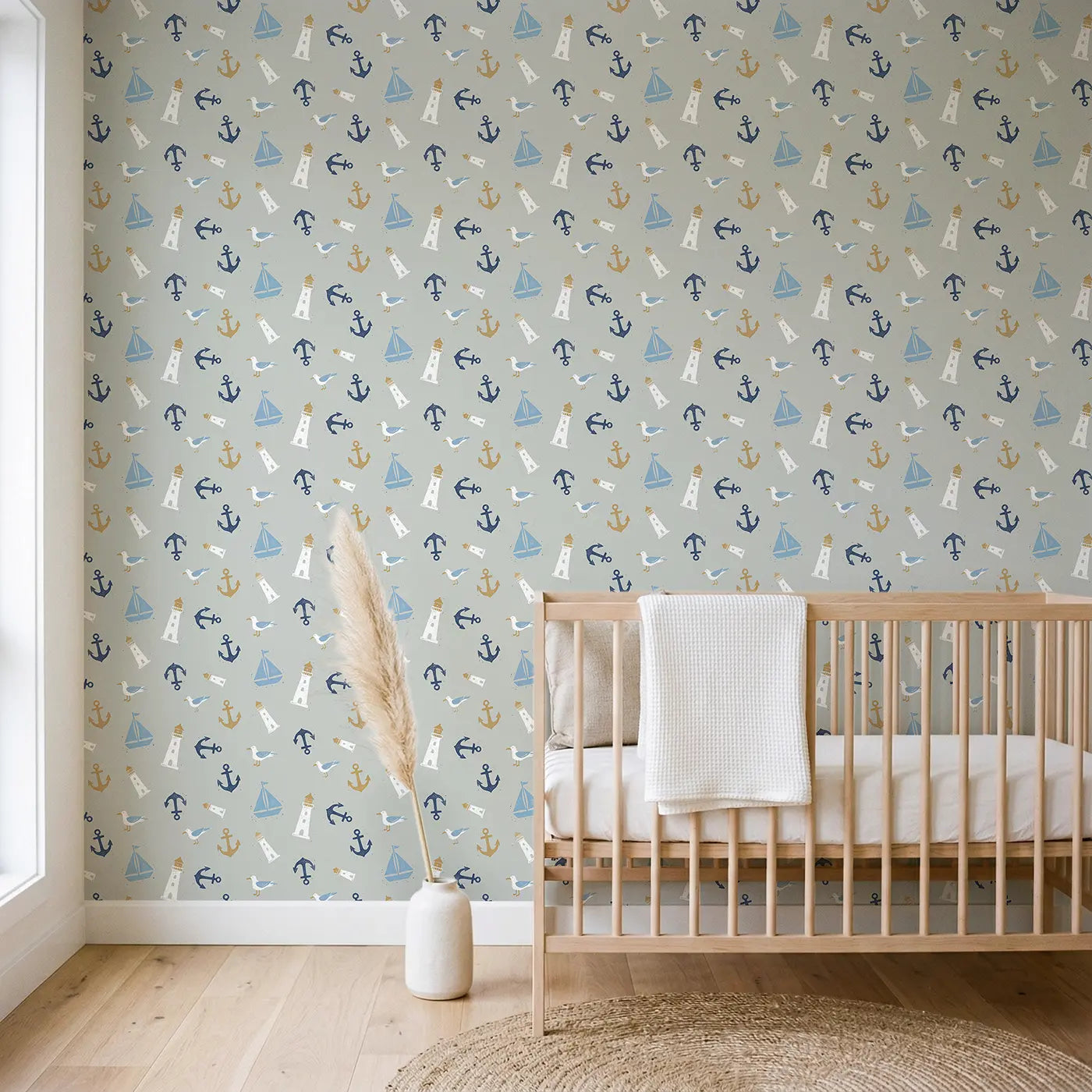 Sailboats Lighthouses Block Print wallpaper in Scandinavian nursery - Whimsy Tots