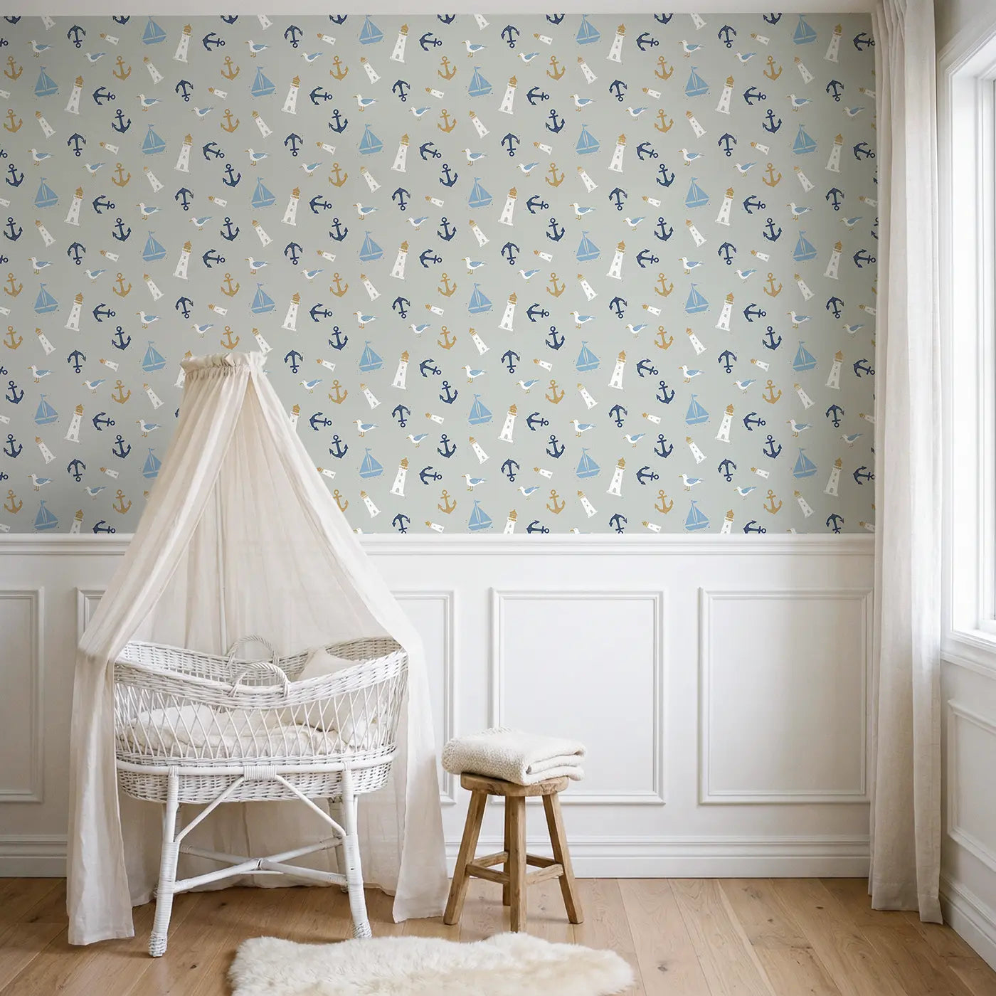 Sailboats Lighthouses Block Print wallpaper above wainscoting - Whimsy Tots