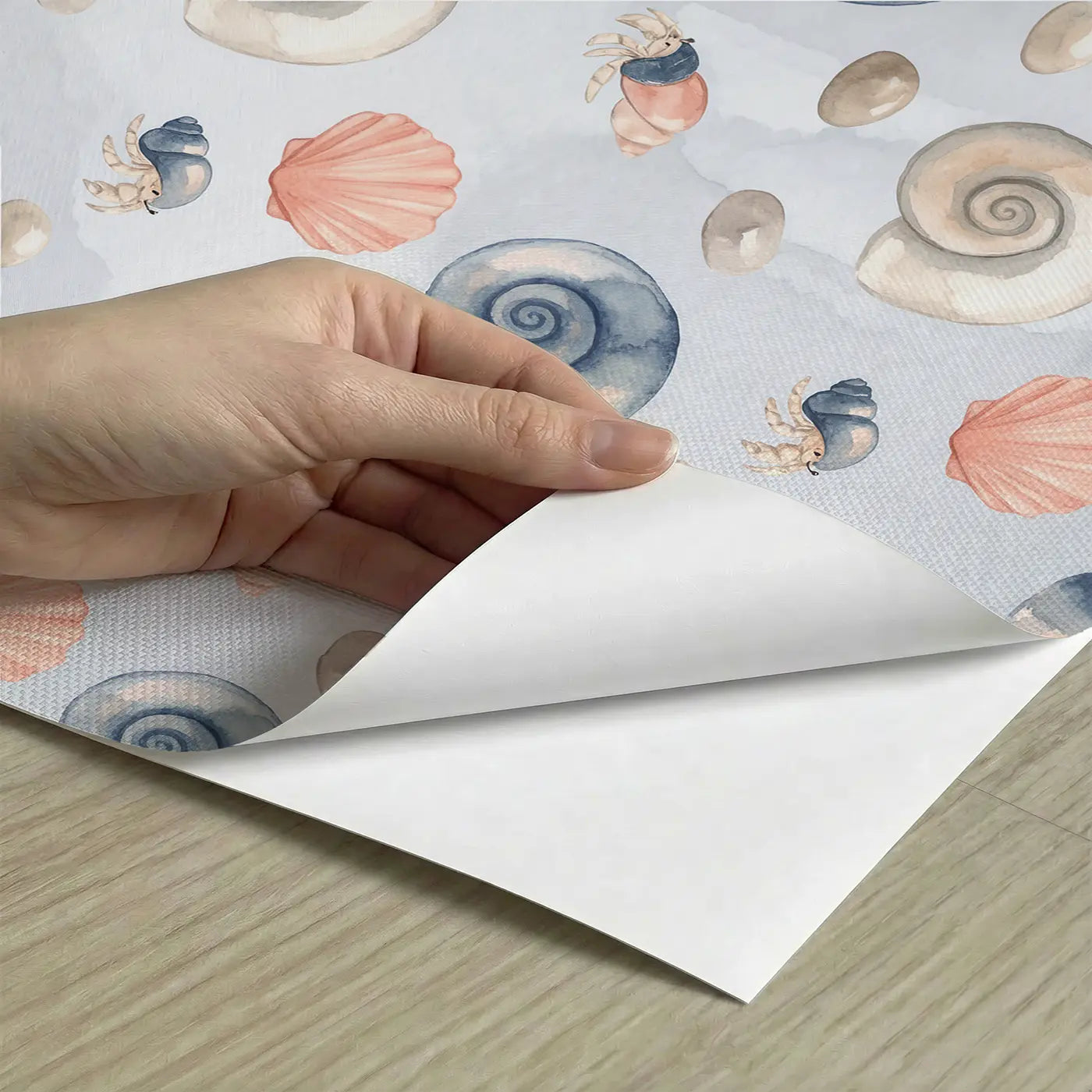 Spiral Shells Watercolor peel and stick material close-up - Whimsy Tots