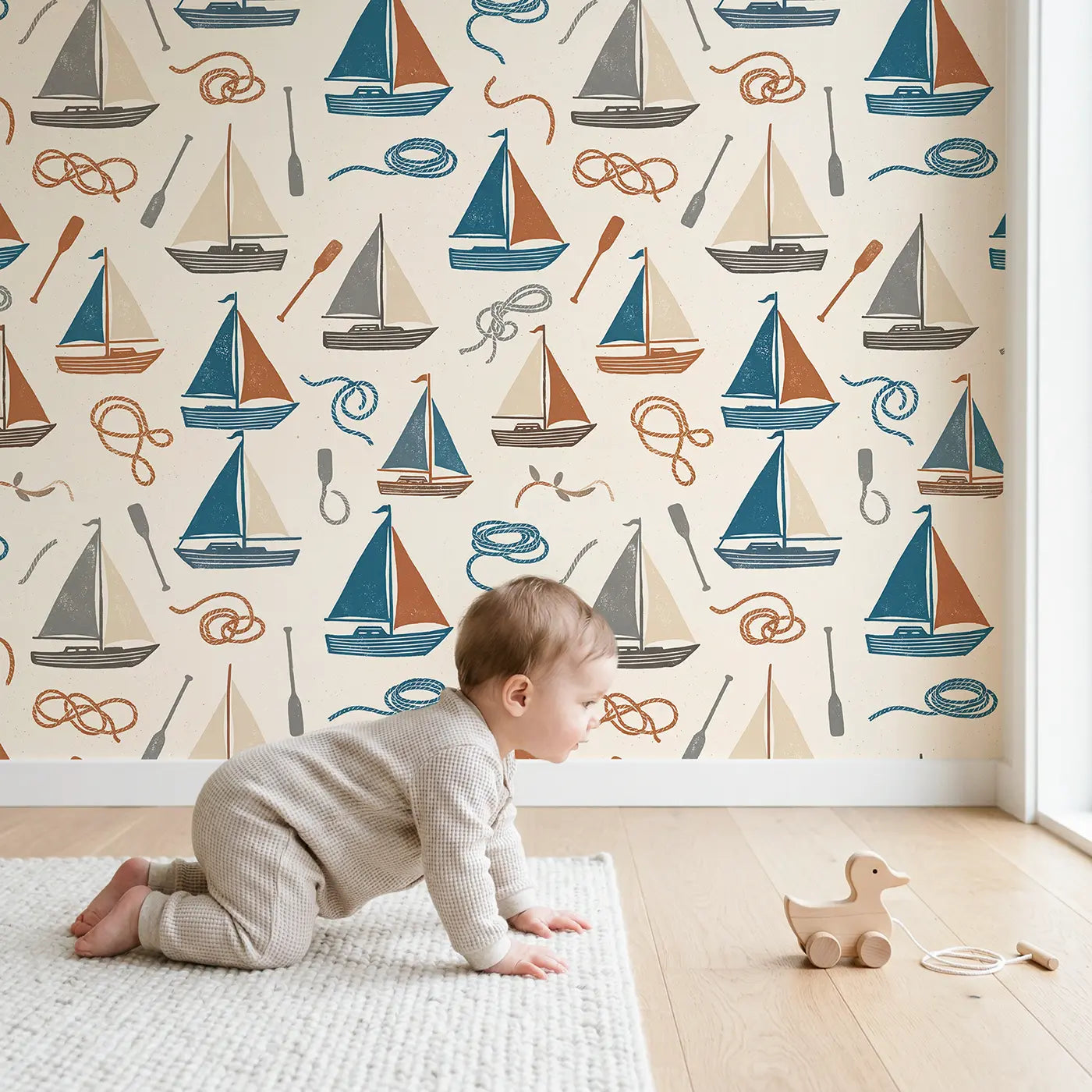 Classic Sloops Block Print wallpaper in styled kids room - Whimsy Tots