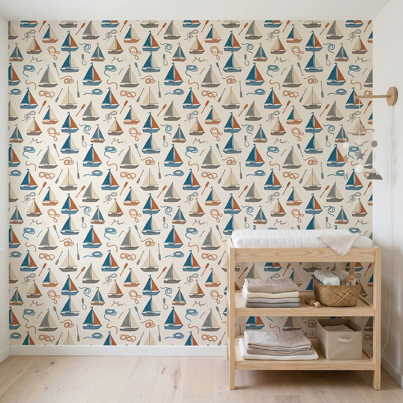 Classic Sloops Block Print wallpaper in Scandinavian nursery - Whimsy Tots