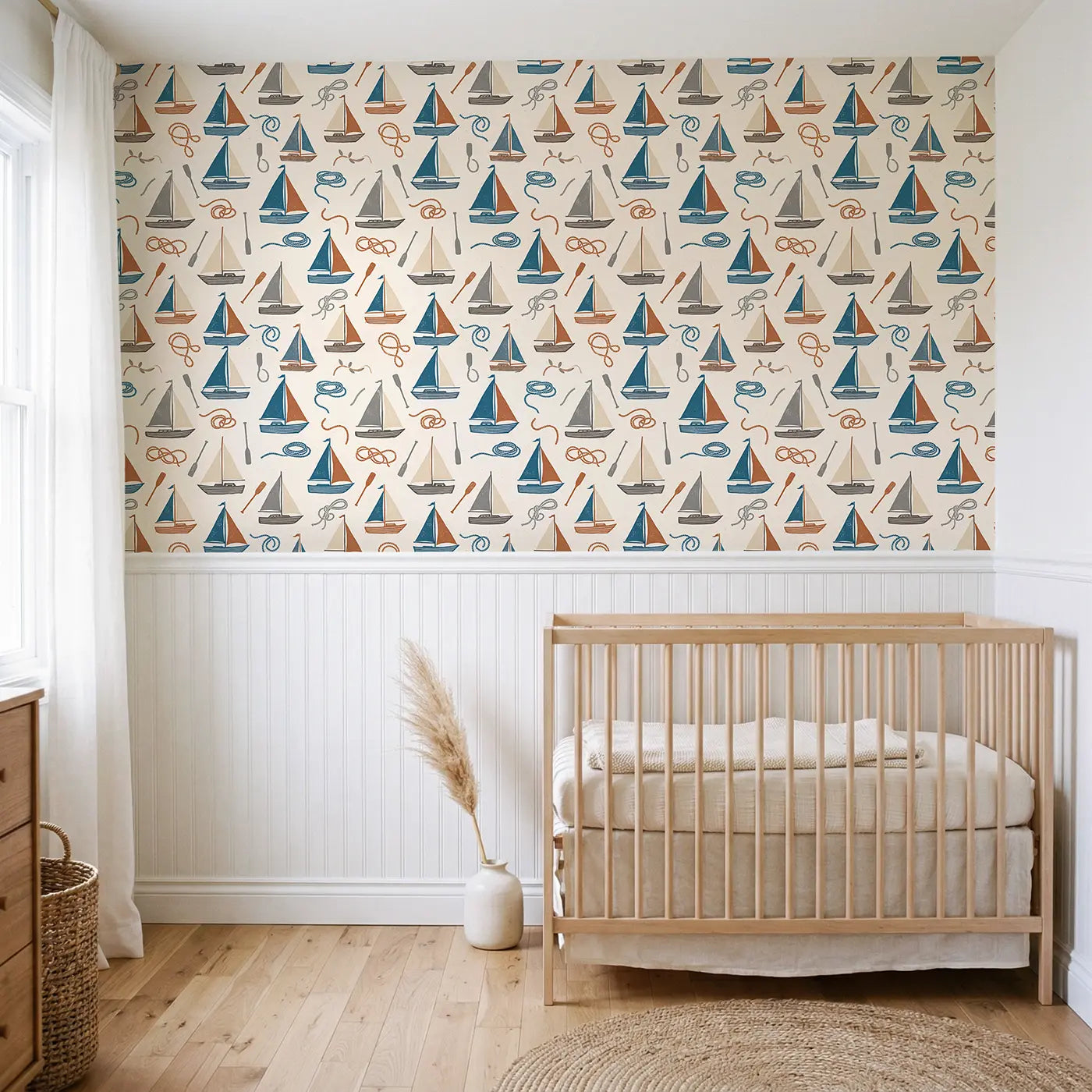 Classic Sloops Block Print wallpaper above wainscoting - Whimsy Tots