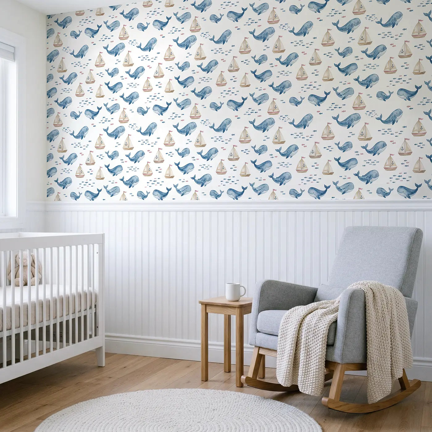 Friendly Blue Watercolor wallpaper above wainscoting - Whimsy Tots