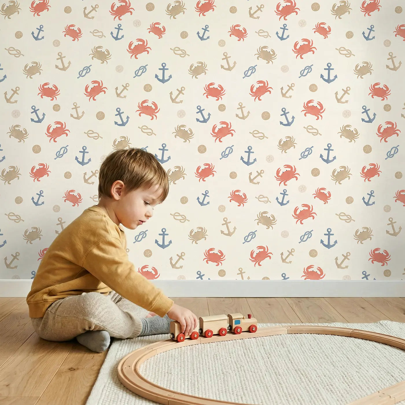 Crabs Anchors Modern Illustration wallpaper in styled kids room - Whimsy Tots