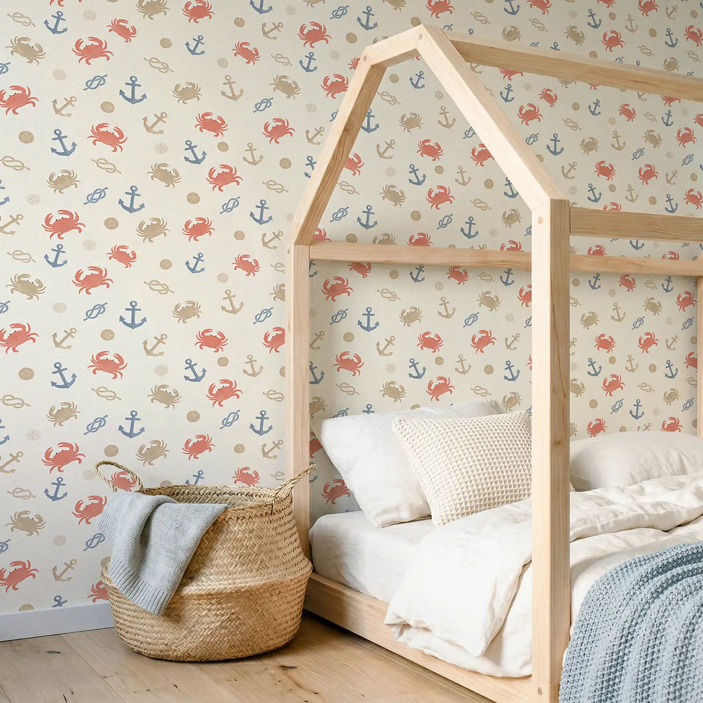 Crabs Anchors Modern Illustration wallpaper in Scandinavian nursery - Whimsy Tots