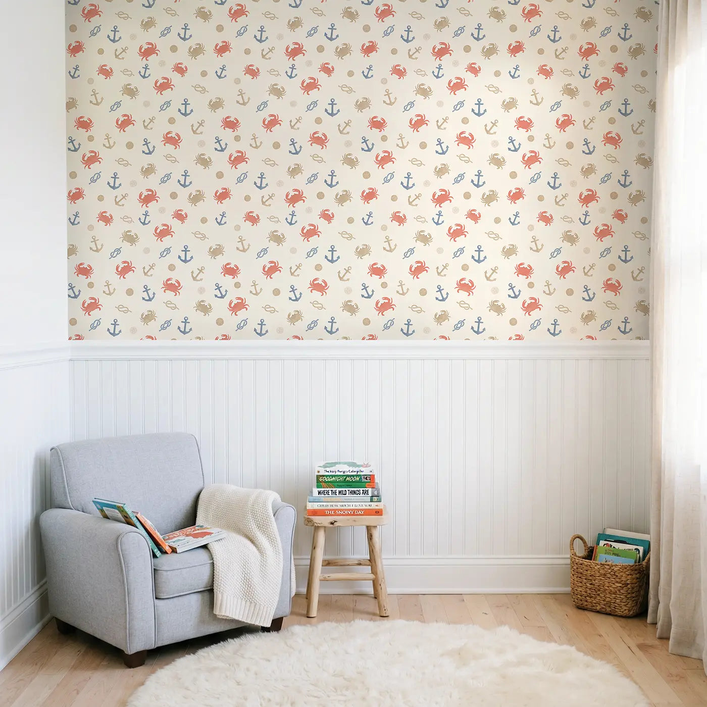 Crabs Anchors Modern Illustration wallpaper above wainscoting - Whimsy Tots