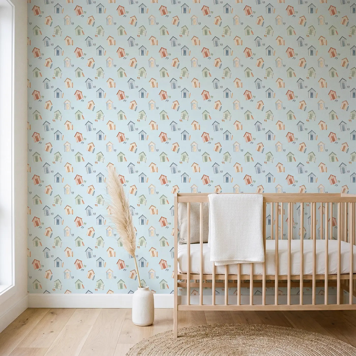 Beach Huts Watercolor wallpaper in Scandinavian nursery - Whimsy Tots