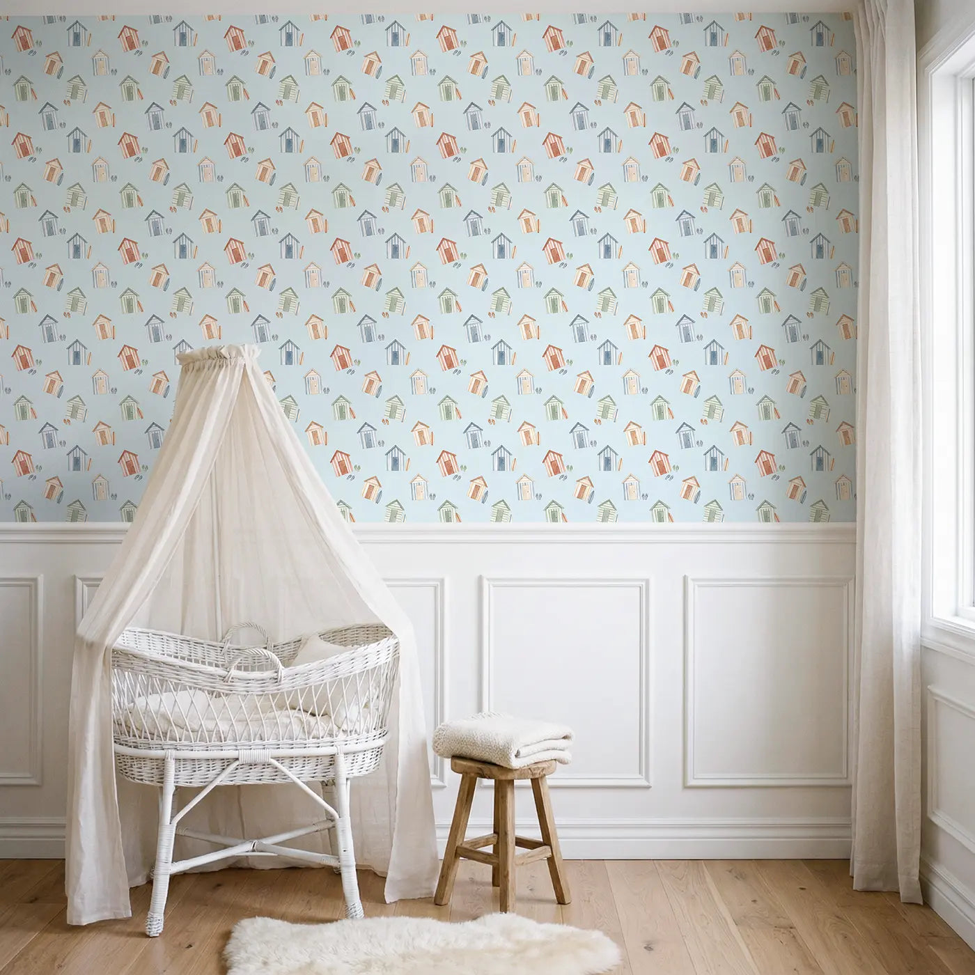 Beach Huts Watercolor wallpaper above wainscoting - Whimsy Tots