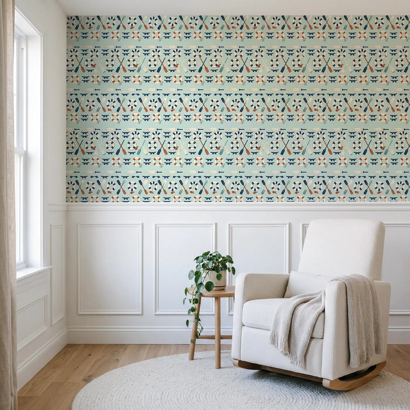 Boat Oars Modern Illustration wallpaper above wainscoting - Whimsy Tots