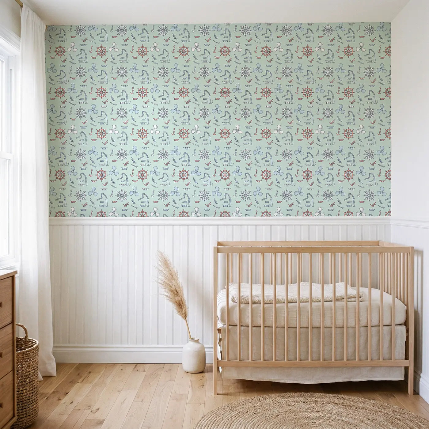 Vintage Boat Hand-Drawn wallpaper above wainscoting - Whimsy Tots