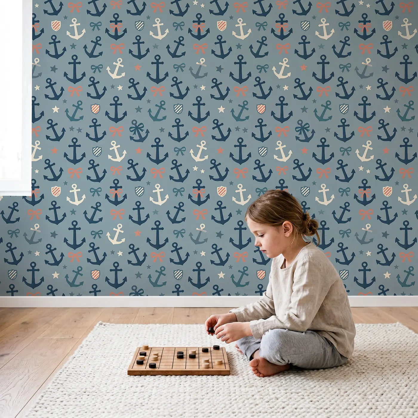 Classic Navy Modern Illustration wallpaper in styled kids room - Whimsy Tots